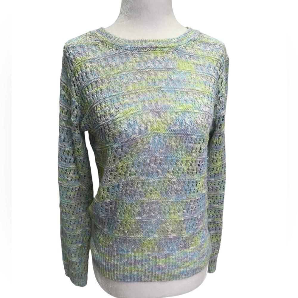 Black Tape Open-Stitch Green Blue Pullover Crew Neck Sweater Size S - Picture 4 of 12